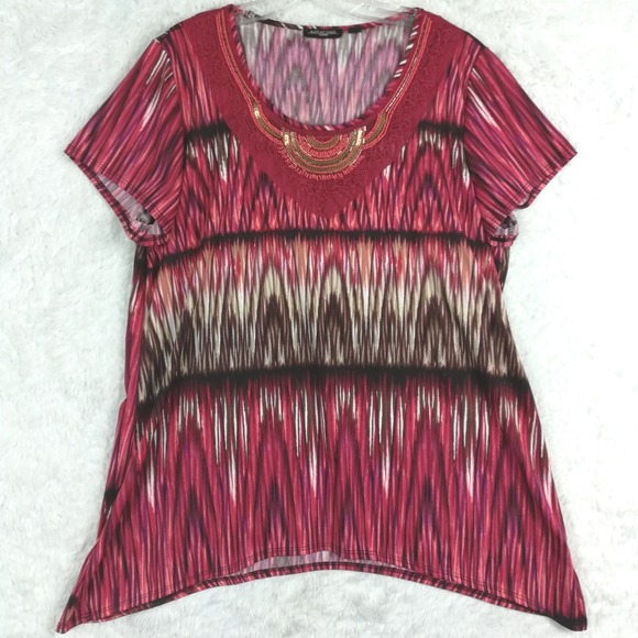 Notations Womens Blouse Top Abstract Beaded Lace Red Stripe Short Sleeve Plus 1X - Picture 1 of 9